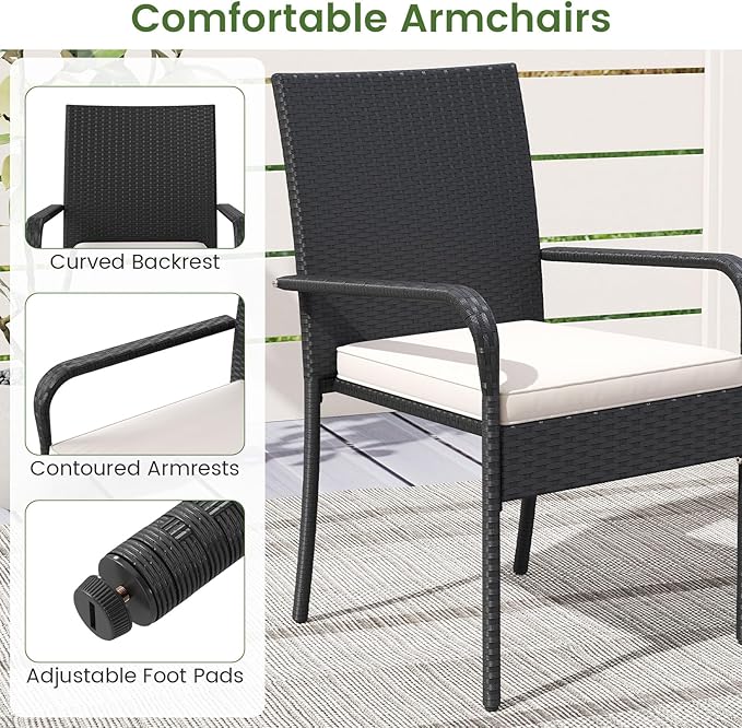 Tangkula 3 Pieces Patio Furniture Set, PE Rattan Outdoor Cushioned Conversation Chairs with 2-Tier Tempered Glass Tabletop Table, for Balcony, Garden and Poolside (Off White)