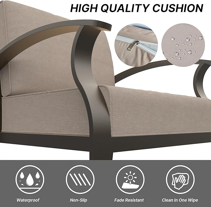 Gotland Aluminum Patio Furniture Set, 4 PCS Metal Outdoor Furniture with 45’’ Fire Pit Table Waterproof 5.1'' Seat Cushions 34.1’’ High Back, Oversized Outdoor Sectional Patio Conversation Sets, Khaki