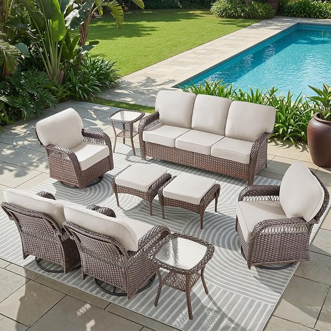 Belord Patio Wicker Swivel Rocker Patio Chairs with 3-Seater Sofa, Outdoor Rattan Chairs for Deck Porch Poolside, 9 Piece Patio Conversation Furniture Set,Beige