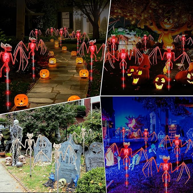 2PCS of Set Solar Garden Lights Outdoor for Halloween Decorations,3D RED Scary Bat Realistic Skeleton Decor for Halloween Party Decor,Solar Bats Path Lights for Lawn/Porch/Creepy Grave Décor