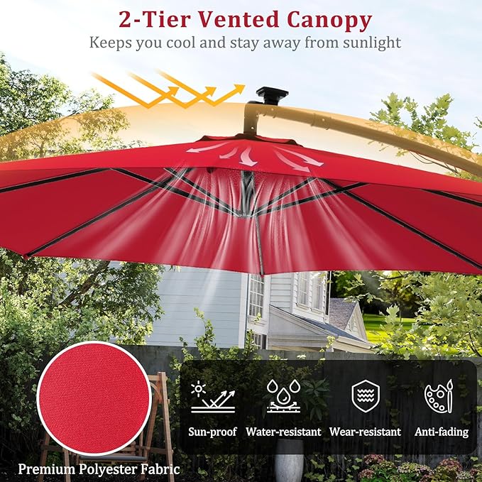 HAPPYGRILL 10 FT Offset Hanging Umbrella with Multi-Colored Flowing LED Lights, 9 Light Modes, Outdoor Patio Cantilever Umbrella with Base, Easy Tilt, 360° Rotation, Crank