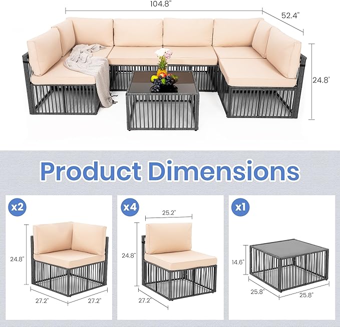 Pamapic 7-Piece Patio Furniture Set, Large Handwoven Wicker Outdoor Sectional Set with Coffee Table, All-Weather Patio Sofa Conversation Set for Backyard, Poolside, Garden