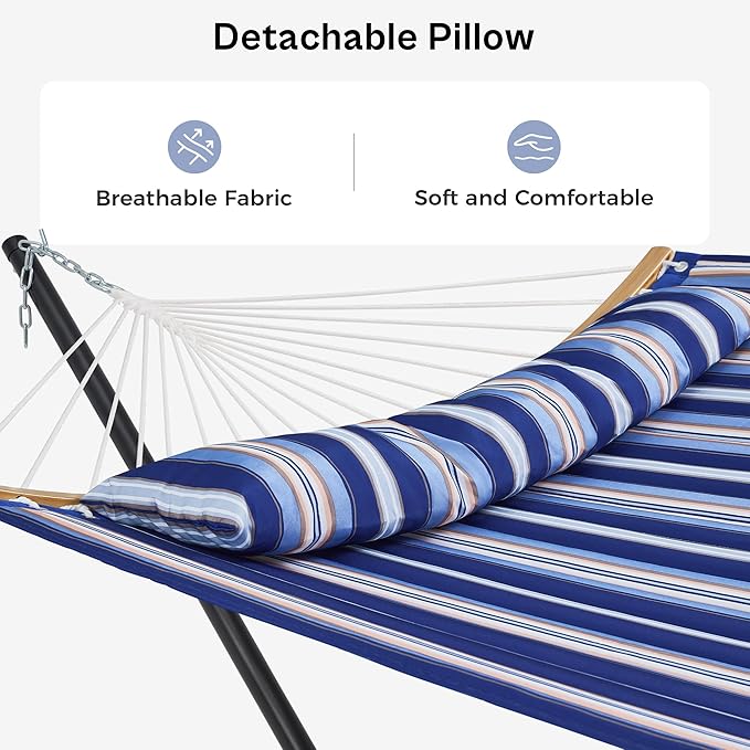 SUPERJARE Hammock with Stand, 2 Person Heavy Duty Hammock with Padded Cotton, Detachable Pillow & Strong Curved-Bar & Portable Carrying Bag, Perfect for Outdoor & Indoor, Navy Blue Stripe