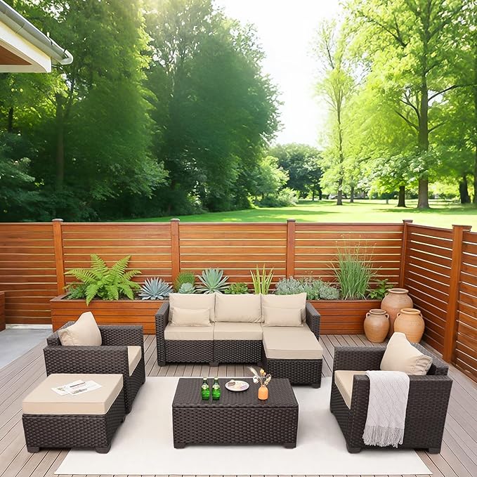 6 Pieces Patio Outdoor Furniture Outdoor Conversation Sets Wicker Sofa Set with Outdoor Couch Patio Chairs Storage Coffee Table Khaki Cushions Waterproof Covers