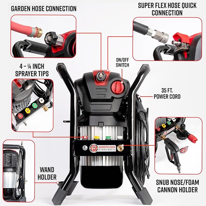 Adam's Pro Series Electric Pressure Washer 2.0 (Complete Kit) - Professional Powerful Detailing Car Washing Pressure Sprayer, Includes Snub Nose, Wall Mount & Pressure Washer Tips | 1200 PSI, 1.76 GPM