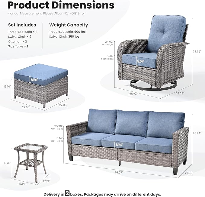 ovios 6 Pieces Patio Furniture Set, Outdoor Wicker Sofa Couch with Rocking Swivel Chairs Comfy Cushions, Modern Deep Seat Rattan Conversation Sets for Deck Porch, Denim Blue