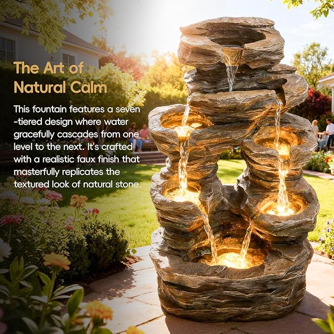 Outdoor Fountain with LED Lights, 7-Tier Cascading Rock Fountain, 23.6" H Fountains and Waterfalls with Stone-Look for Garden, Patio, Yard Decor
