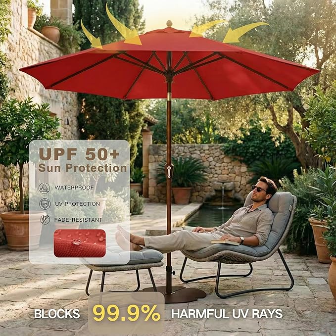 Kingdura 10FT Outdoor Patio Umbrella, Market Table Umbrella with Push Button Tilt and Crank, 8 Sturdy Fiberglass Ribs, UV Protection for Pool, Lawn, Deck, Backyard, Garden (Red)