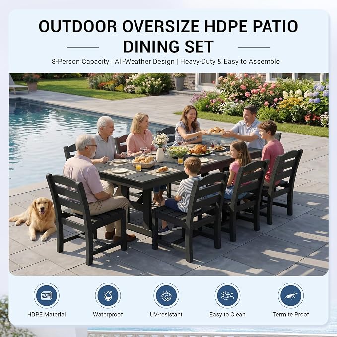 KINGYES Outdoor Armless Dining Chairs Set of 2,All-Weather HDPE Patio Chairs for Backyard,Pooside,Black