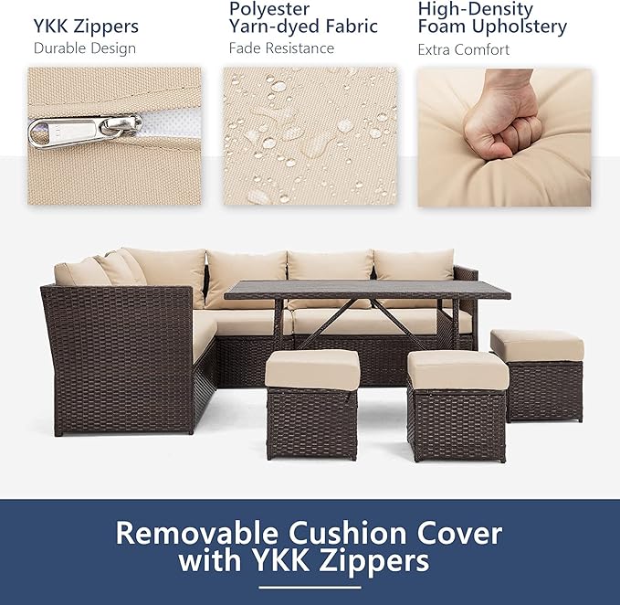U-MAX 7 Pieces Patio Furniture Set with Waterproof Cover, Outdoor Sectional Sofa Conversation Set, All Weather Wicker Rattan Dining Table & Chair with Ottoman, Brown Rattan&Khaki Cushion