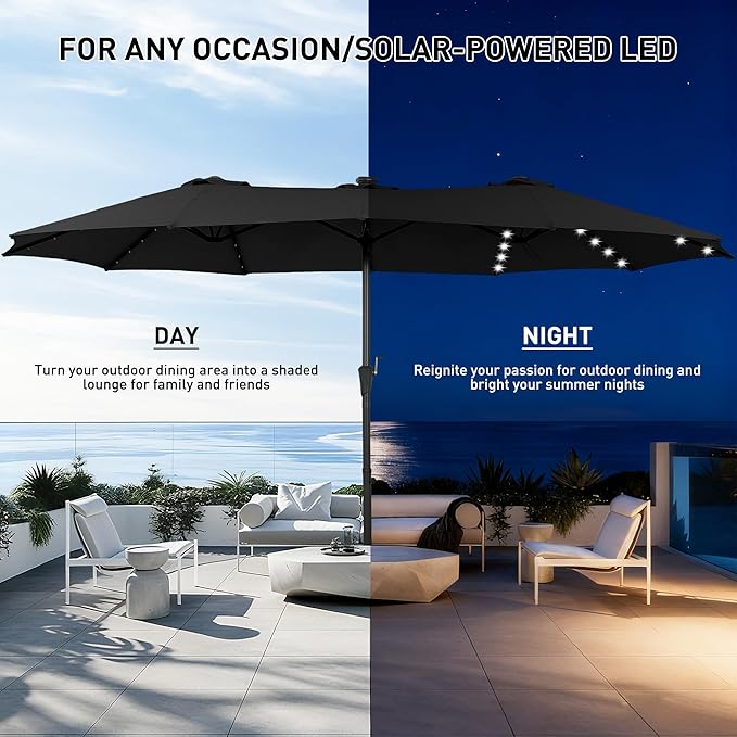 15 ft Patio Umbrella with 48 LED Lights, Large Rectangle Outdoor Solar Umbrella with Matching Base, Strap, Crank, Black