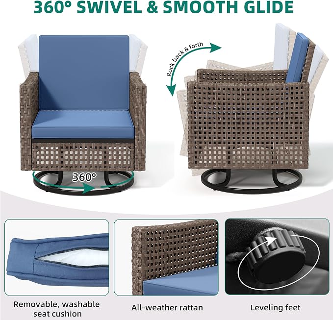 YITAHOME 3 Pieces Patio Set w/2.8" Thick Cushions, All Weather Swivel Patio Furniture Set w/Wicker Rocking Chairs & Rattan Side Table for Backyard Deck Poolside, Blue