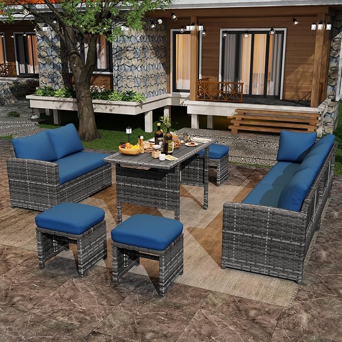 U-MAX 7 Pieces Patio Furniture Set, Outdoor Sectional Sofa Conversation Set, All Weather Wicker Rattan Dining Table & Chair with Ottoman, Grey Rattan&Dark Blue Cushion