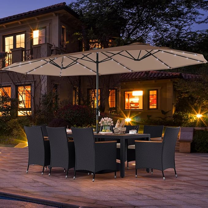 Tangkula 11 Pieces Patio Dining Set with Double-Sided Led Patio Umbrella (Base Included), with 8 Stackable Chairs, Acacia Wood Dining Table and Large Umbrella with Solar Lights (Coffee + Off White)