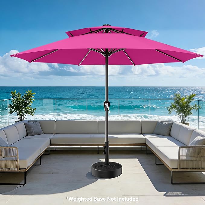 AreShark 12ft 2 Tiers Patio Umbrella - Outdoor Umbrella Waterproof UV Protection, Market Table Umbrella w/ 8 Sturdy Ribs&Crank for Pool, Porch, Garden(Rose Pink)