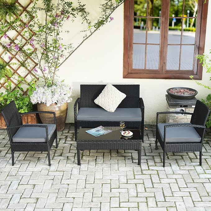 Tangkula 4-PCS Wicker Patio Conversation Furniture Set, Outdoor Rattan Chair and Table Set, Patio Furniture Sets with Coffee Table & Washable Cushions for Courtyard Balcony Garden (1, Black)