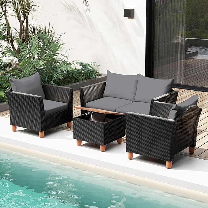 Tangkula 4 Piece Outdoor Conversation Set, Patio Cushioned Chairs w/Storage Coffee Table, Acacia Wood Tabletop & Chair Legs, Patio Wicker Furniture Set for Poolside, Lawn, Porch (1, Gray)