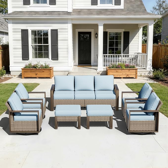 7 Pieces Metal Wicker Patio Furniture Set - 75" Sofa, Four Swivel Chairs and Two Ottomans, All Weather Rattan Outdoor Conversation Furniture with Washable Cushion for Deck Porch, Baby Blue