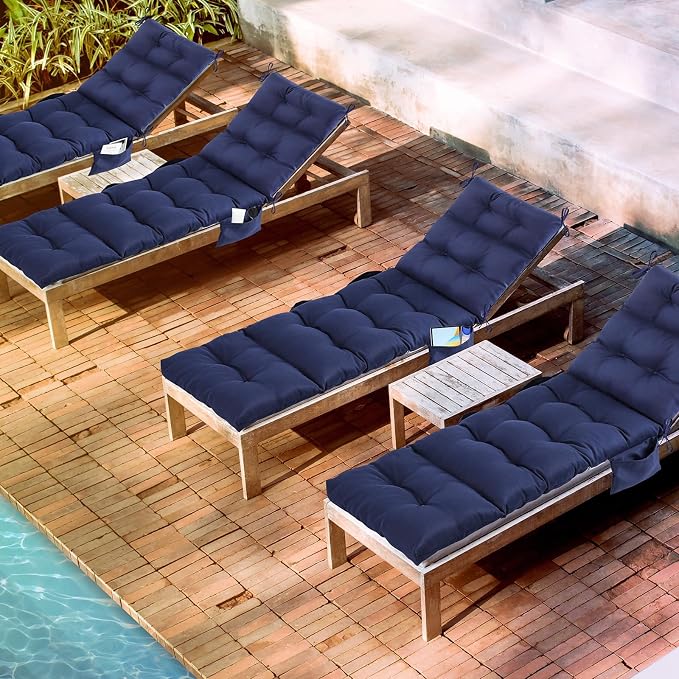 Kigley 2 Pcs Outdoor Chaise Lounge Cushions with 3 Side Pocket 74.5 x 22 x 4.7 Inch Patio Chaise Lounge Cushion, Water-Repellent and Fade-Resistant Tufted Summer Replacement(Navy Blue)