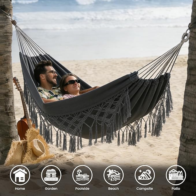 Lazy Daze Hammocks Extra Large Double Hammock, Portable Camping Hammock with Travel Bag & Tree Straps for Outdoor, Camping, Backyard, Patio, 550lbs Capacity, Dark Gray