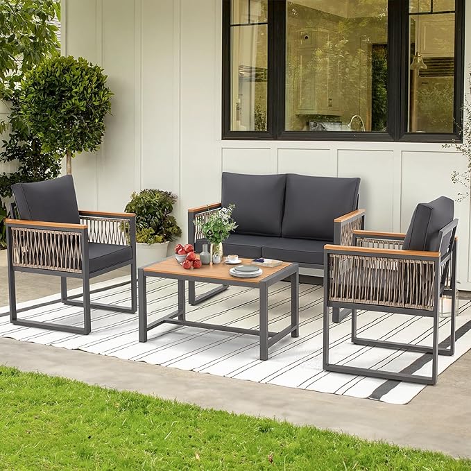 EROMMY 4 Pieces Outdoor Patio Furniture Set with Solid Wood Handrails, Plastic-Wood Balcony Furniture with Wicker Arm Panel, All-Weather Metal Patio Conversation Sets with Coffee Table and Cushion