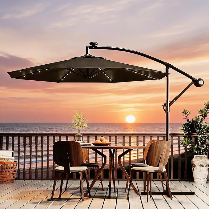 Garvee 10FT Solar Lights Offset Patio Umbrella with Cross Base, Cantilever Umbrella with Easy Lift & Tilt Adjustment, 8 Ribs Sun umbrella UV Protection for Backyard, Pool, Garden, Gray