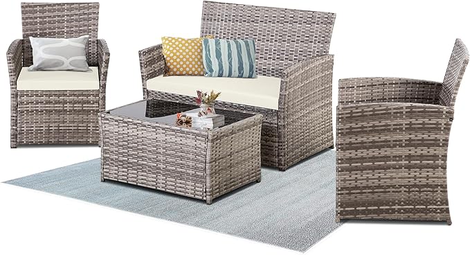 4 Piece Patio Furniture Set, Outdoor Wicker Conversation Set, Rattan Sectional Sofa Couch with Glass Coffee Table & Thick Cushion for Backyard, Porch, Garden, Poolside, Grey/Beige