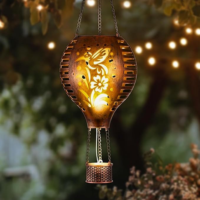 TERESA'S COLLECTIONS 1 Pack Hummingbird Hot Air Balloon Hanging Solar Lantern for Garden Decor,10.6 Inch Outdoor Lights for Tree Yard Decorations,Patio Yard Front Porch Lawn Ornaments as Gifts for Mom