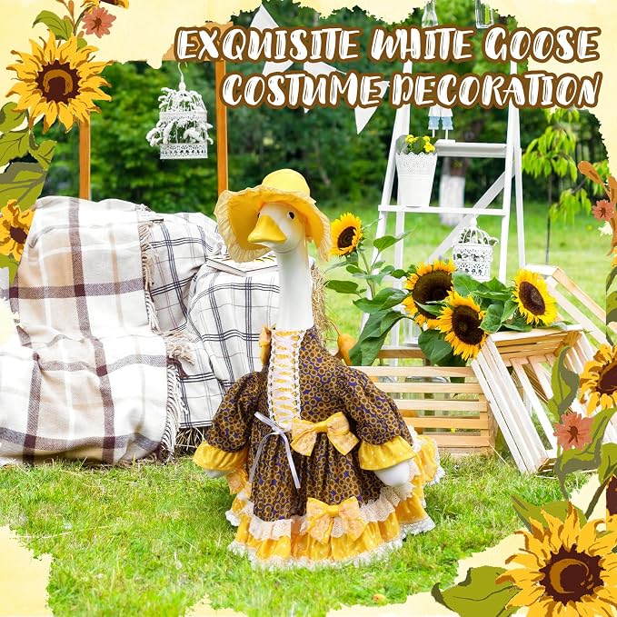 Soulchen 1 Set Summer Sunflower Porch Goose Outfit with Bow 23 Inch Cement Goose Clothes Dress and Hat Costume Set for Summer Christmas Garden Yard Decor