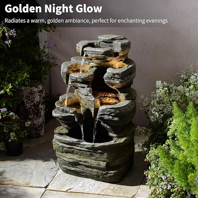 Bumilgar 6-Tier Cascading Rock Water Fountain Outdoor Garden Waterfall Decor for Garden, Patio, Backyard, Deck, Porch and Home Art Decor,24.4" H Outdoor Fountain with Lights