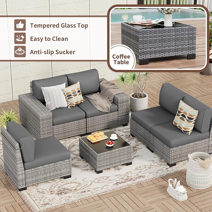 6 Pieces Patio Furniture Set, Wide Arm Outdoor Patio Sectional Couch Set, All Weather Wicker Rattan Conversation Set w/Cushions and Glass Table and Waterproof Cover, Grey & Grey