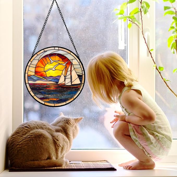 DASTOLL Stained Glass Window Hanging, Sun Ocean Sailboat Seagull Abstract Suncatcher Diamond Glass Panel Sun Catchers Decor for Birthday for Women, Men, Wife, Aunt, and Mom 6.3 in