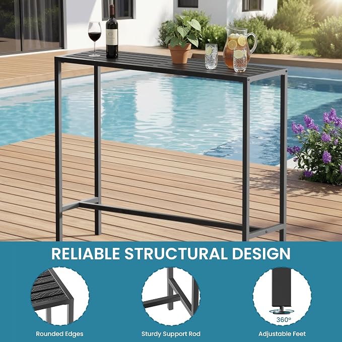 Outdoor Bar Table, 45in Bar Height Table, Black Metal Frame with Weatherproof Top, HDPE Outdoor Furniture for Patio, Hot Tub, Party, Balcony, Indoor