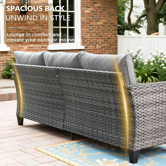 Patio Furniture, All Weather Wicker 6 PCS Outdoor Sofa with High Back Swivel Rocker Chairs, Conversation Set with Solar Light Coffee Table,Light Rattan Dark Gray Cushion