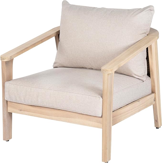 Merax 4 Piece Outdoor Acacia Wood and Wicker Club Chair, Light White Finish with Beige Cushion, Patio Garden Armchair