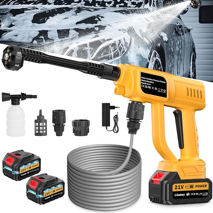 Cordless Pressure Washer, 1700PSI Portable Cordless Power Washer with 6-in-1 Nozzle, 21V Hand Held Pressure Washer with 2 Battery, Electric Power Cleaner Battery Powered Pressure washers for Car/Home