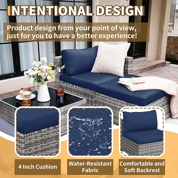 UDPATIO 5 Piece Patio Furniture Set, All-Weather Wicker Outdoor Sectional Sofa, L Shaped Outdoor Conversation Couch with Ottoman, Glass Table for Balcony Porch Backyard, Blue