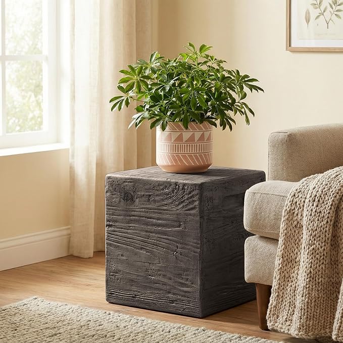 HOMPUS Outdoor Side Table w Groove Handle, Patio MgO Concrete Natural End Table, Square Accent Small Coffee Table for Garden, Patio, Porch and Deck, Antique Black