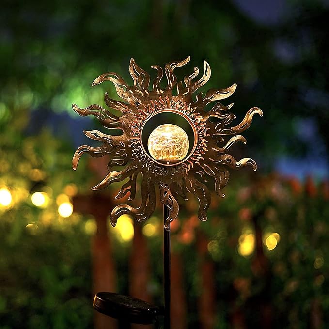 Hapjoy Solar Lights Outdoor Garden Decor Solar Powered Sun Lantern for Yard, Patio,Lawn or Pathway Sun Decorations Crackle Glass Globe Stake Metal Lights Waterproof Warm LED Garden Pathway