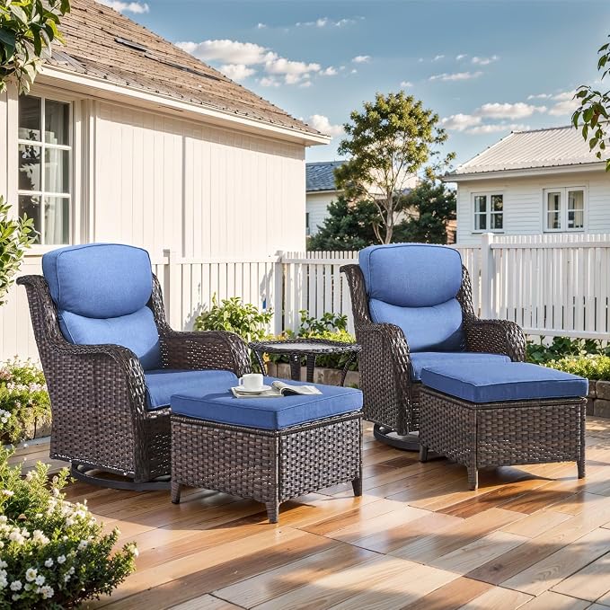 Outdoor Swivel Rocker Patio Chairs with 2 Ottomans - 5" Thick Cushion 5 Piece Furniture Set All Weather Wicker Conversation Set with Side Table for Porch Poolside and Deck - Brown/Blue