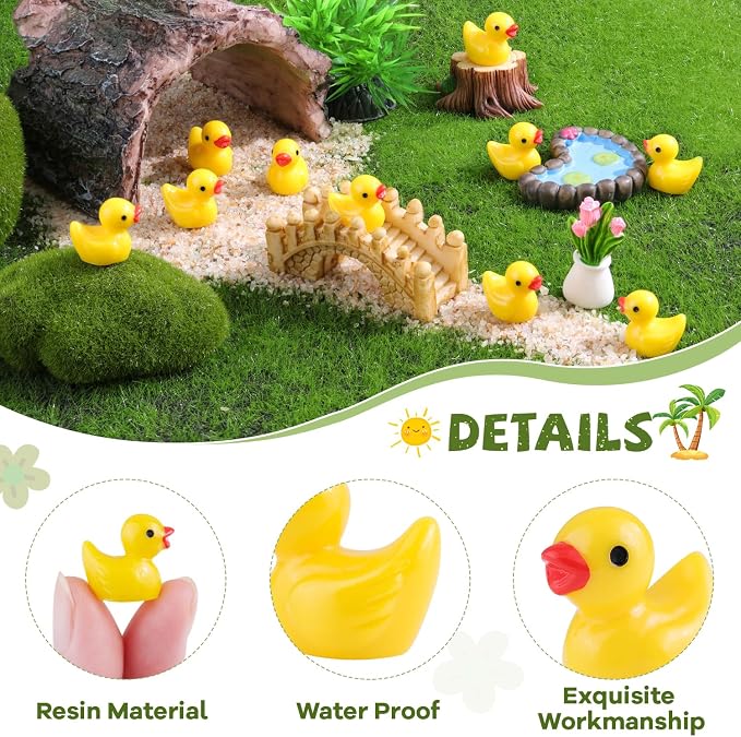 200PCS Mini Resin Animals Cute Yellow Tiny Ducks,Miniature Duck Figures to Hide,Little Animal Small Figurines Bulk for Topper Desk Garden Dollhouse Landscape Aquarium Ornaments DIY Crafts & Decor