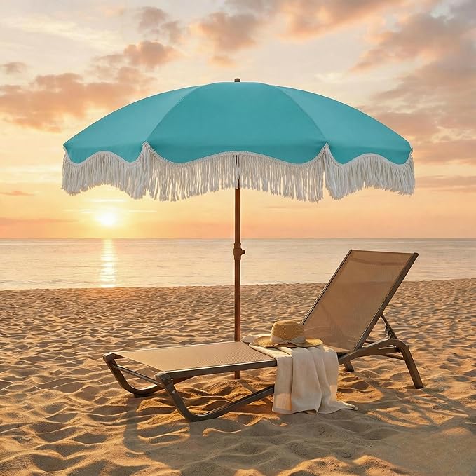 7FT Patio Umbrella with Fringe, Outdoor Tassel Umbrella with Fiberglass Ribs, Boho Beach Umbrella, Push Button Tilt and Carrying Bag, UPF50+