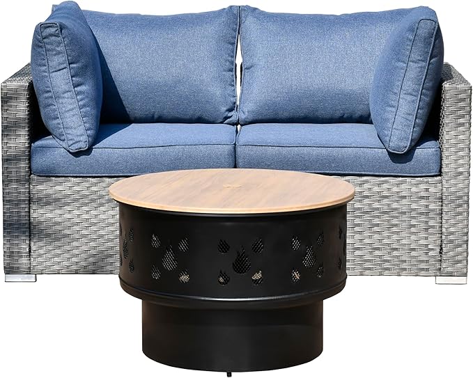 HOOOWOOO 3-Piece Outdoor Wicker Patio Furniture Set, Modular Sectional Sofa with Cushions and Fire Pit Table, All-Weather Rattan Garden Seating for Patio, Porch, or Balcony (Denim Blue)