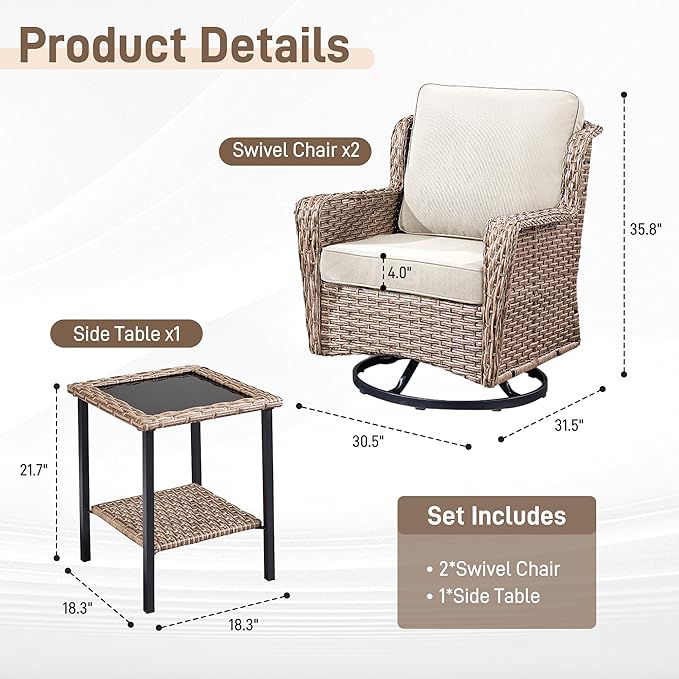 3 Piece Patio Furniture Set,Outdoor Wicker Swivel Chair Set with Side Table, All-Weather Cushioned Patio Conversation Set for Small Spaces, Porch, Balcony, Beige