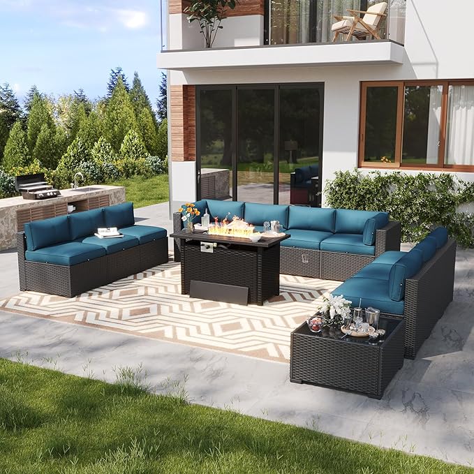 LazySunsets 12 Piece Outdoor Patio Furniture Set with 44'' Fire Pit Table, Outdoor Patio Furniture Sets with Waterproof Cover, Wicker Outdoor Conversation Set for Backyard & Garden, Peacock Blue