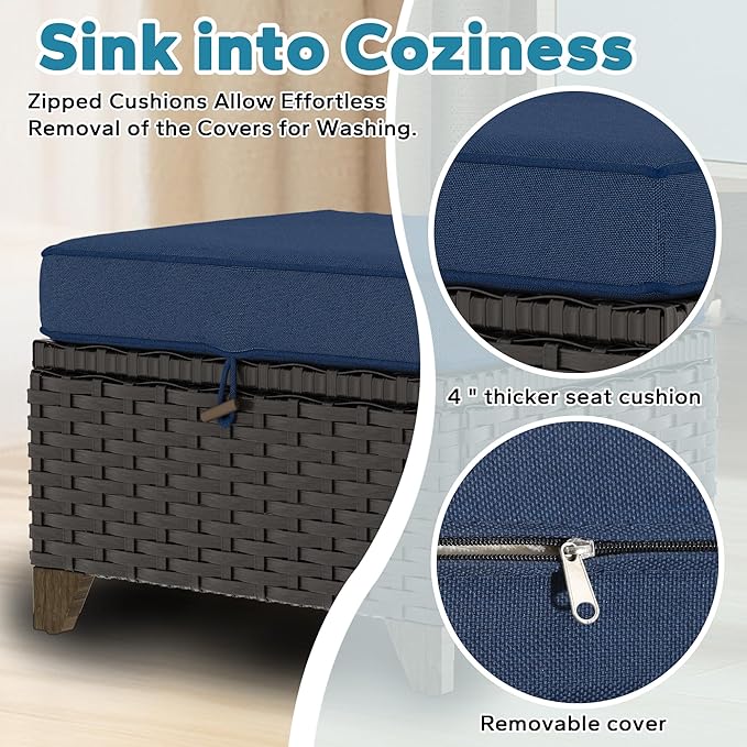 8 Pieces Patio Conversation Furniture Set - 2 Sofas, 4 Ottomans, 2 Swivel Chairs, 1 Side Table, Outdoor Wicker Furniture with Removable Cushions for Porch, Balcony, Sunroom (Blue)