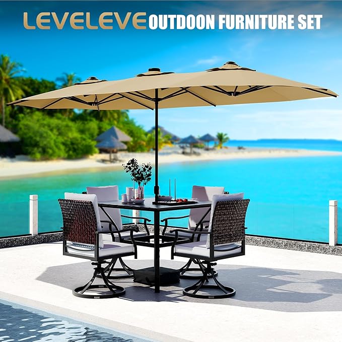 LEVELEVE 15FT Double-Sided Patio Umbrella with Base Included, Large Outdoor Rectangular Market Umbrella for Backyard, Poolside, Lawn & Garden, Khaki