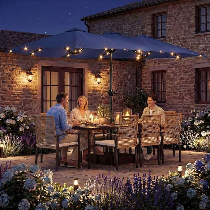 15ft Double-Sided Patio Umbrella with Solar Lights and Base Included, Large Patio Umbrella with 48 LED Dual-Color Lights, 135 Sq Ft Shade Area Patio Table Umbrella for Pool, Outddor, Deck (Navy Blue)