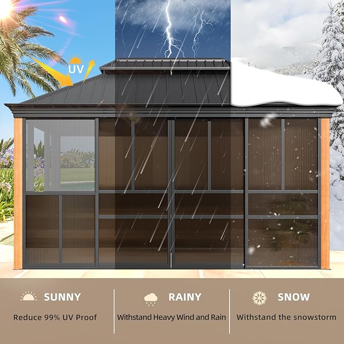EROMMY 12' X 14' Hardtop Sunroom, Galvanized Steel Double Roof Gazebo Solarium with Wood Grain Aluminum Frame & Detachable Windows, All-Weather Sun Room for Patio Deck Backyard