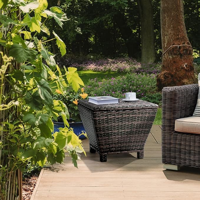 VINGLI Outdoor Side Table with Storage, 13-Gallon Patio Deck Box Outdoor Wicker Side Table for Poolside Balcony Storage Table (Brown, Trapezoid)
